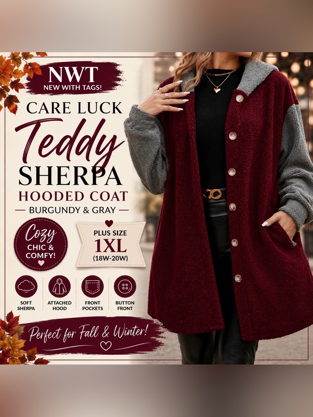 CARE LUCK Plus Size Teddy Sherpa Hooded Coat Burgundy Gray 1XL